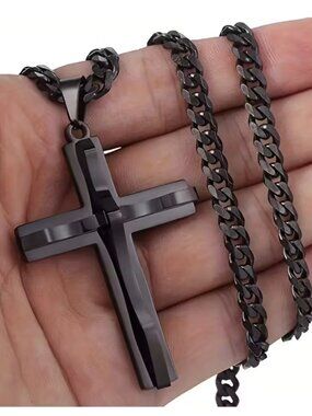 Necklace Black Cross Pendant on Cable Chain Faith Jewelry Religious Statement